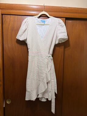 Draper James RSVP Seersucker Wrap Dress Pink Green Puff Sleeve Women's L